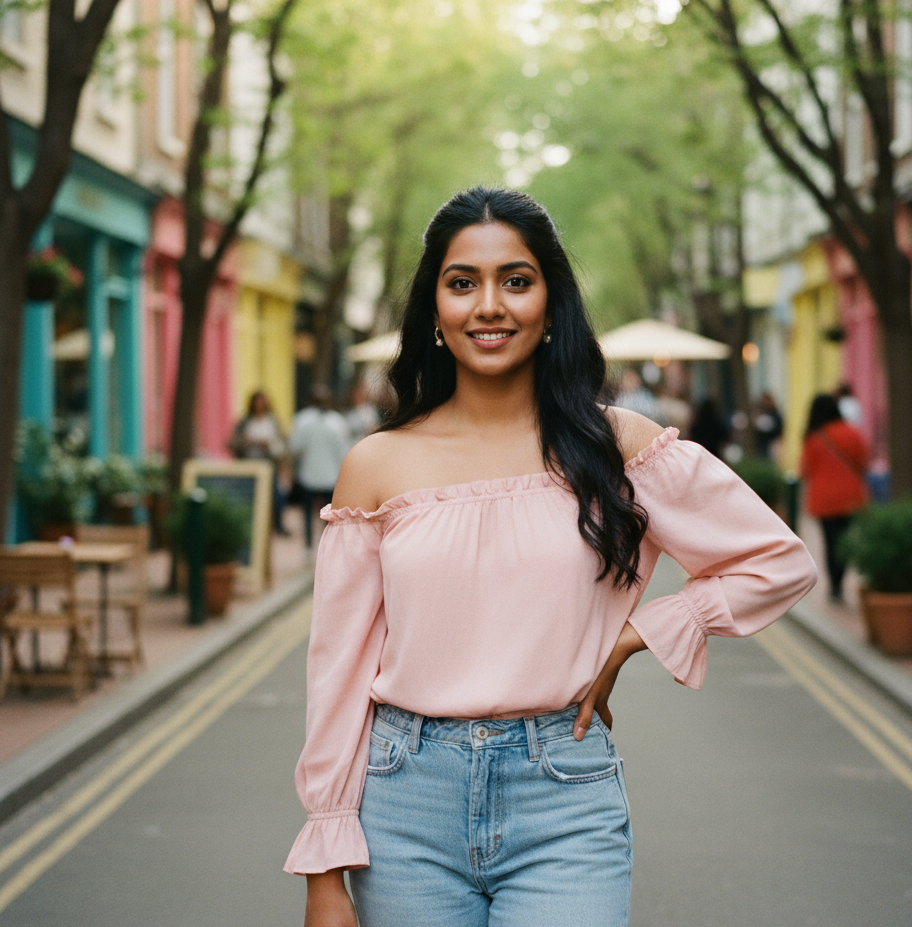Off-Shoulder Blouse & High-Waisted Jeans