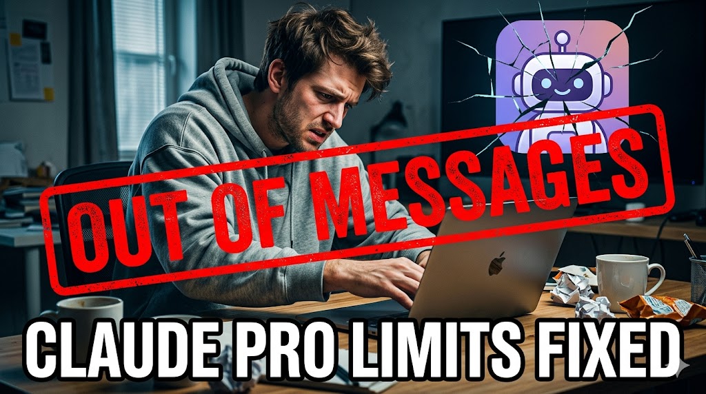 Frustrated coder facing Claude Pro "out of messages" error with red alert stamp and 4-hour reset timer on cracked screen.