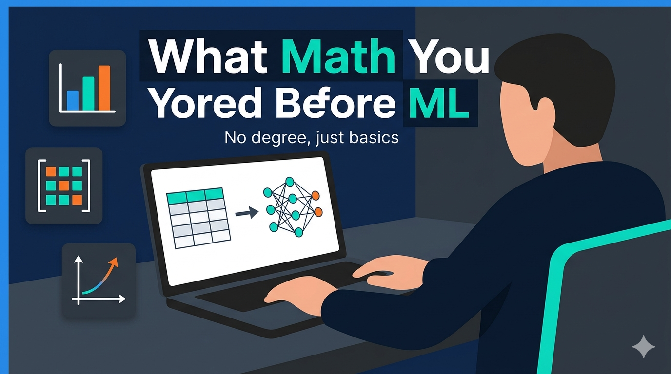 Learning what math is needed before starting machine learning, with icons for statistics, linear algebra, and calculus on a dark tech‑style thumbnail.